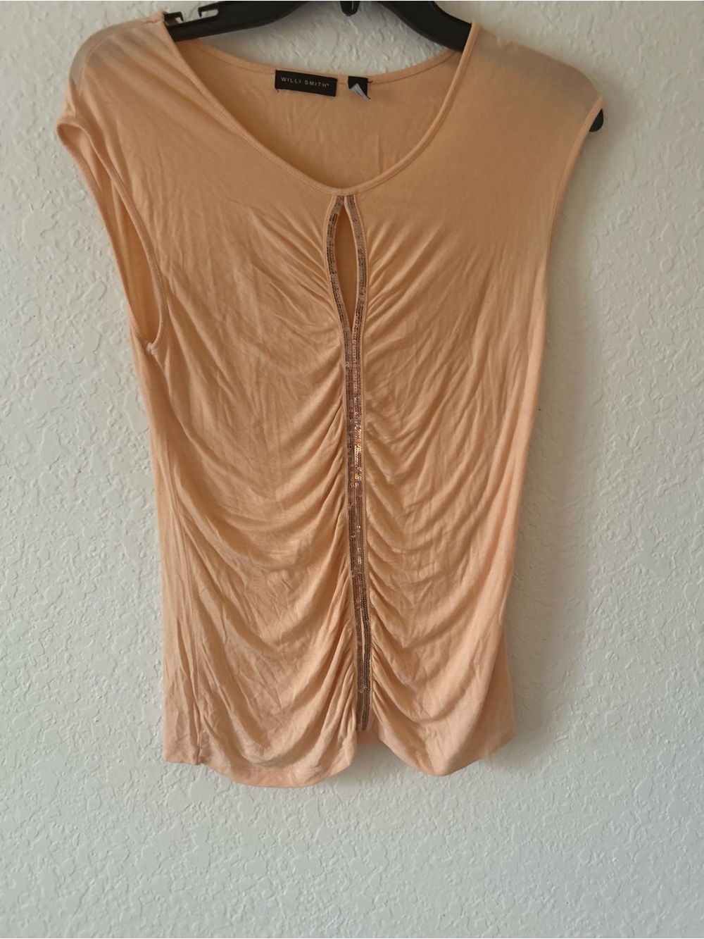 Willi Smith Peach Ruched Keyhole Tank with Center Trim